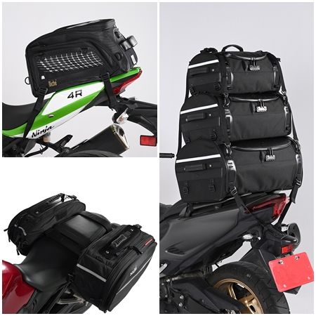 motocyklové sedlové tašky s rychlým připevněním, vhodné pro většinu motocyklů, bez rámu nebo nosiče.